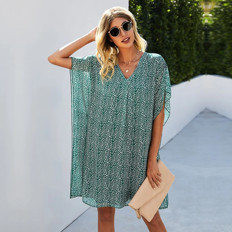 

Summer Oversize Leopard Dress 2021 New V Neck Batwing Sleeve Short Ladies Casual Loose Print Dresses For Women