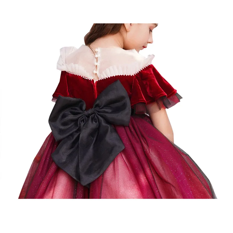 

Little Girls Wine Red Shiny Princess Dress Kids Short Sleeve Big Bow Mesh Vintage Ball Gown Spanish Flower Girls Dresses 3-11Y
