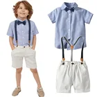 Женский модный Костюм Джентльмена для мальчиков, рубашка с коротким рукавом + комбинезон, 2 предмета одежды, смокинг