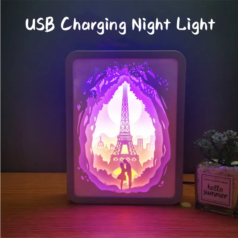 Творческий резные тени Бумага светодиодный ночной Светильник USB 3D арт