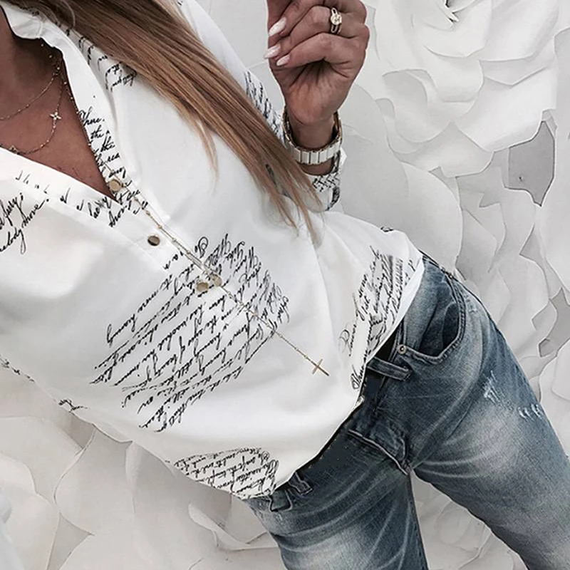 Women's Shirts With Long Sleeves 2021 Fashion Women V Neck Letters Printing Button Women's Shirts For Spring Tops Blouse Блузка