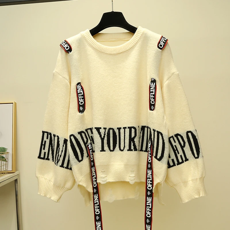 

Pullover Sweater Women Casual Distressed Loose Jacquard Knitted Sweaters Female Autumn Winter 2020 Women's Clothing Outwear Tops