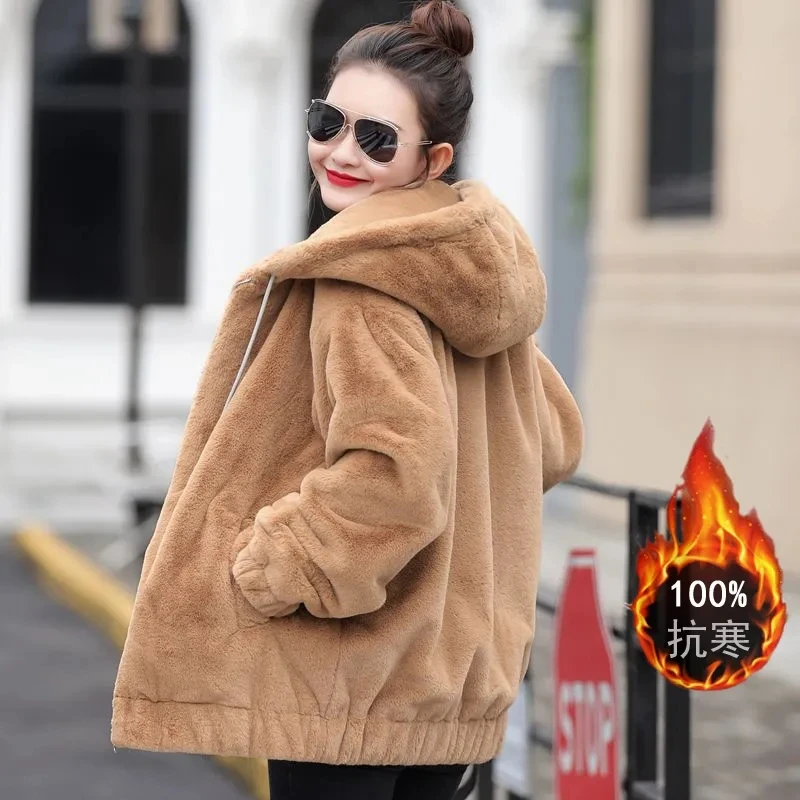 

Winter Thickened Women Faux Fur Coat Solid Color Hooded Loose Rabbit Fur Jacket Oversized Female Warm Imitation Mink Outerwear