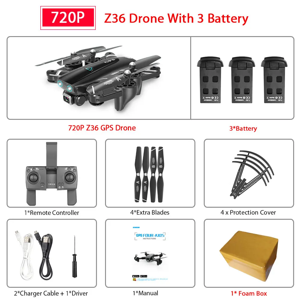 ZWN Z36 gps Квадрокоптер с 720 P/1080 P/4 K HD камерой Rc вертолет gps с фиксированной точкой wifi FPV Дрон следуй за мной режим vs SG900-S E520S - Цвет: 720P 3B Foam Box