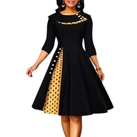 vintage dress for women rockabilly polka dot print sexy patchwork long sleeve high waist swing casual party midi vestidos robe