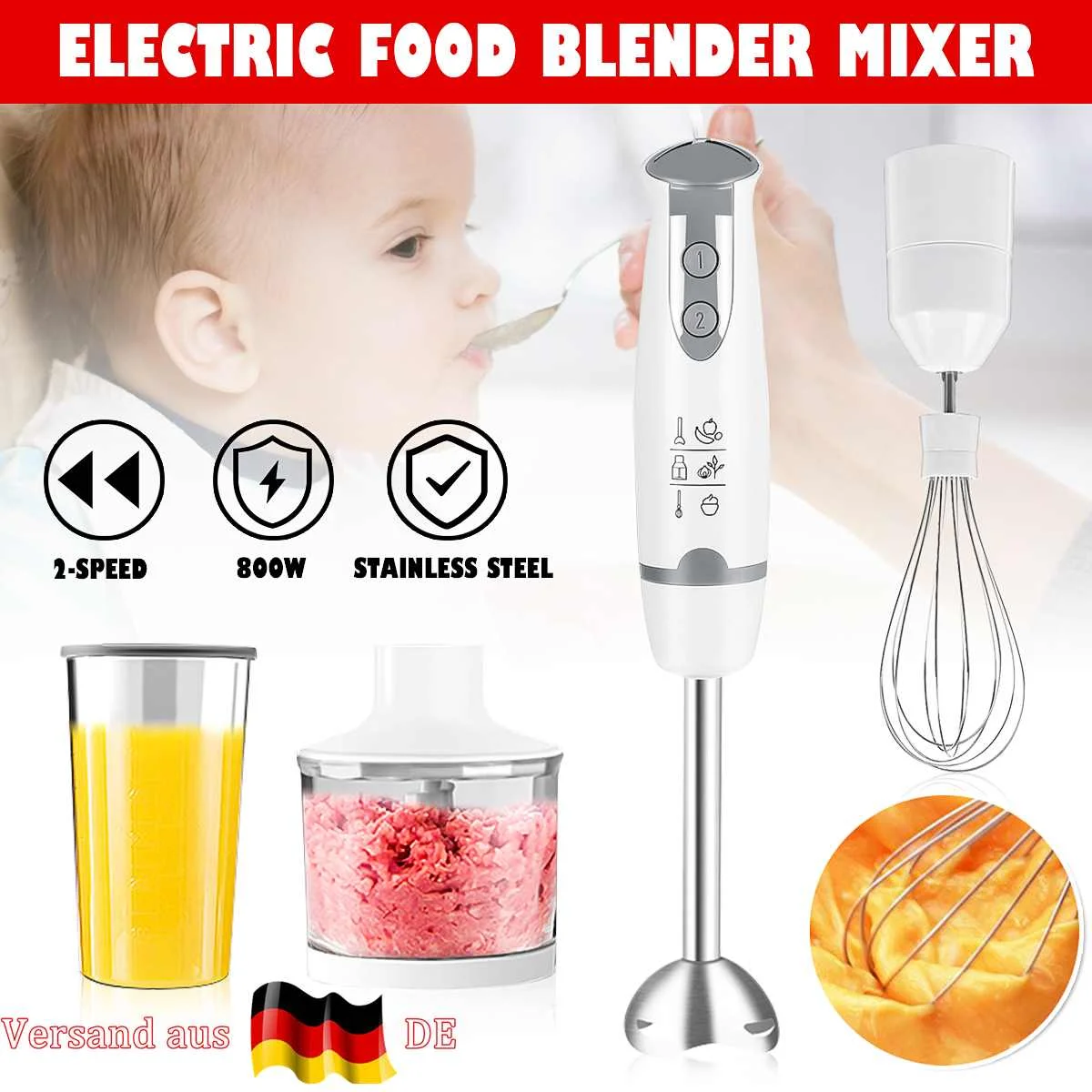 

800W High Power Food Mixer 2 Speeds Hand Electric Blender Kitchen Vegetable Fruit Stirring Sonifer Handheld Meat Grinder Chopper