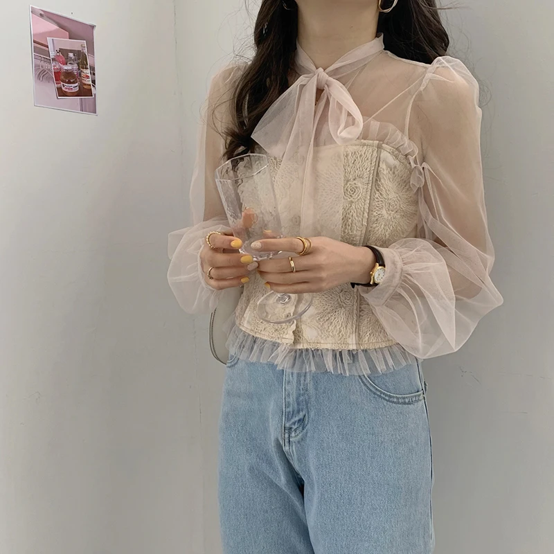 

Alien Kitty 2021 Chic Patchwork Lace Women Shirts Loose Hot Elegance All Match Mesh Sexy New Female Sweet High Street Blouses