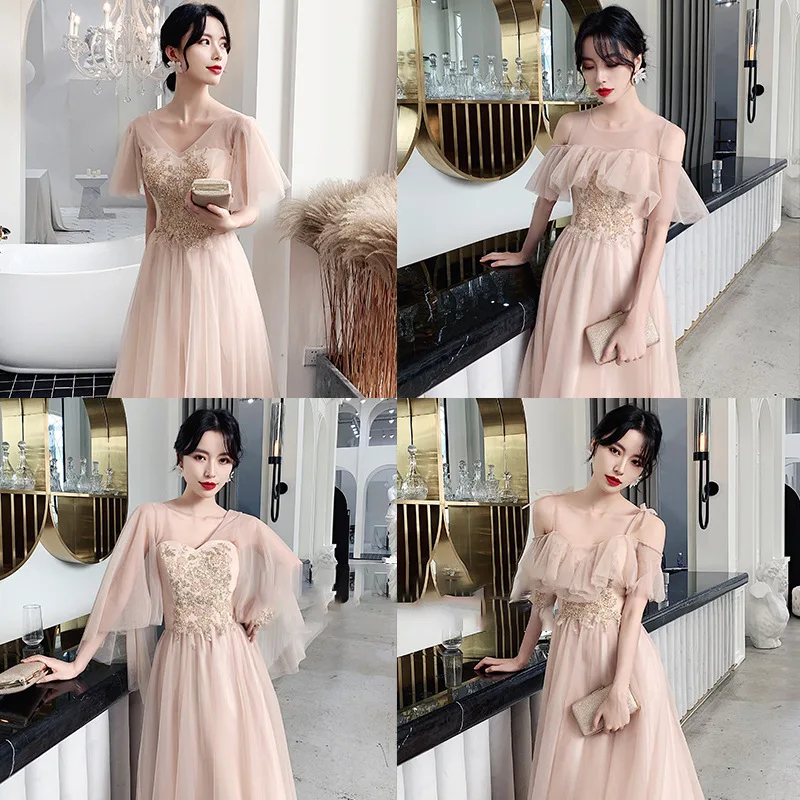 

Floor Length A Line Bridesmaid Dresses V Neck Khaki Appliques Ruffles Half Sleeves Criss Cross Straps Dramatic Wedding Gown