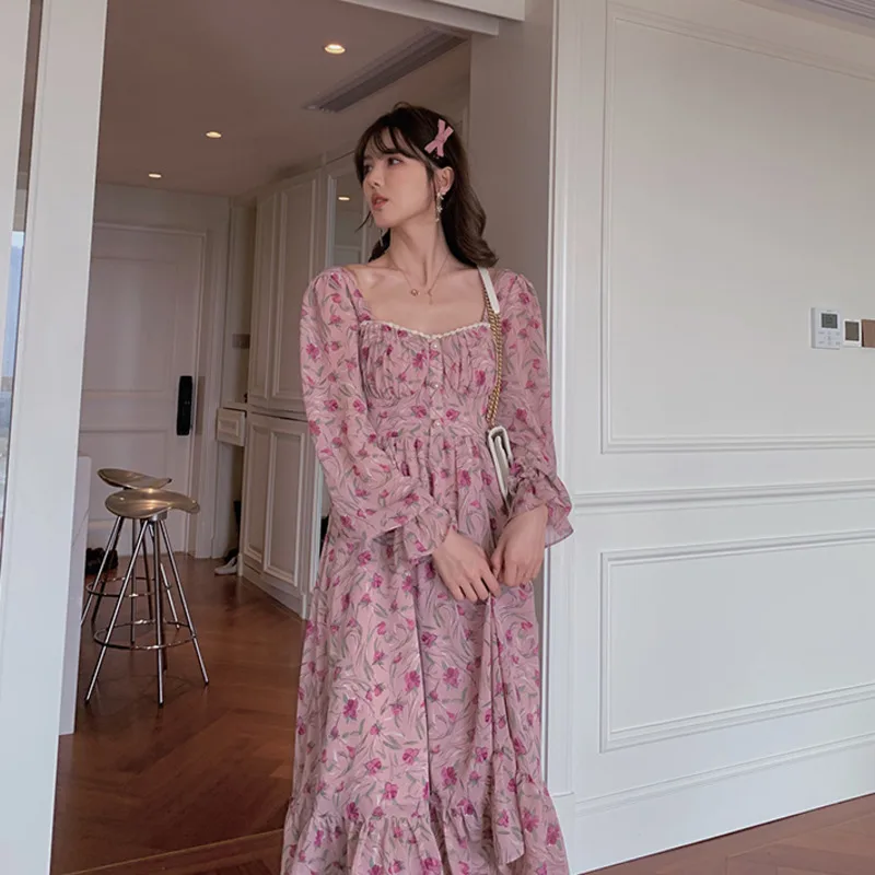 

Elegant Vintage Floral Print Chiffon Long Dress Women Buttons Slim Waist Vacation Boho Beach Party Dresses Robe Longue Vestidos