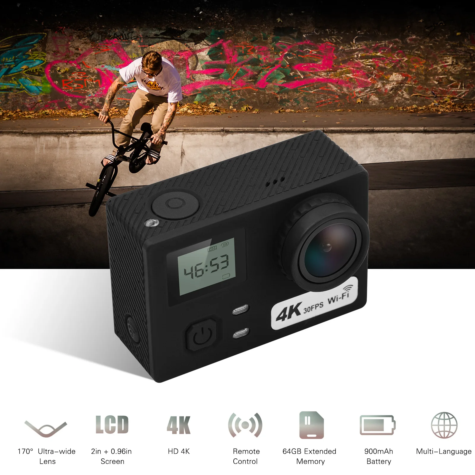 Pаспродажа 4K экшн Камера 2in + 0.96in двойной ЖК-дисплей Экран возможностью погружения на глубину до 30 м Водонепроницаемый 30FPS широкоугольный объектив с фок...