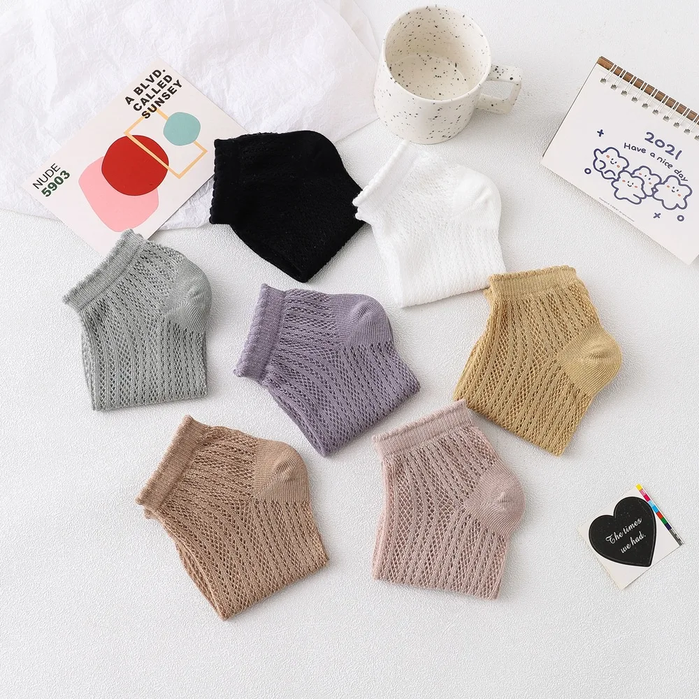 New Sweet Girls Socks 7 Pairs Summer Thin Kawaii Mesh Breathable Low Tube Socks Cotton Bubble Mouth Solid Casual Short Socks