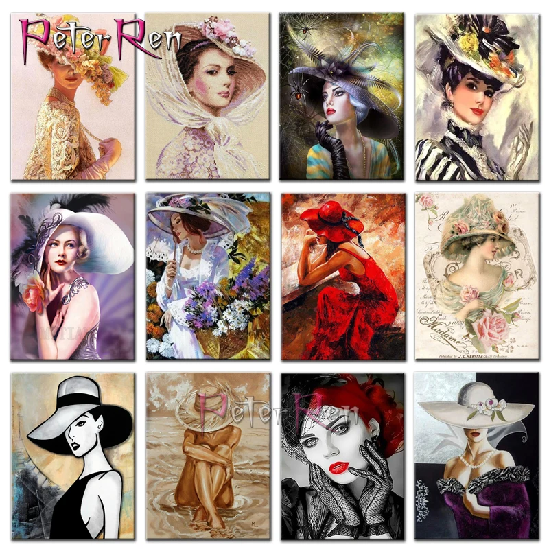 

Beautiful Woman In Hat Diy Diamond Painting lady Girl Mosaic Female model embroidery beauty hat red sexy lip full beads pattern