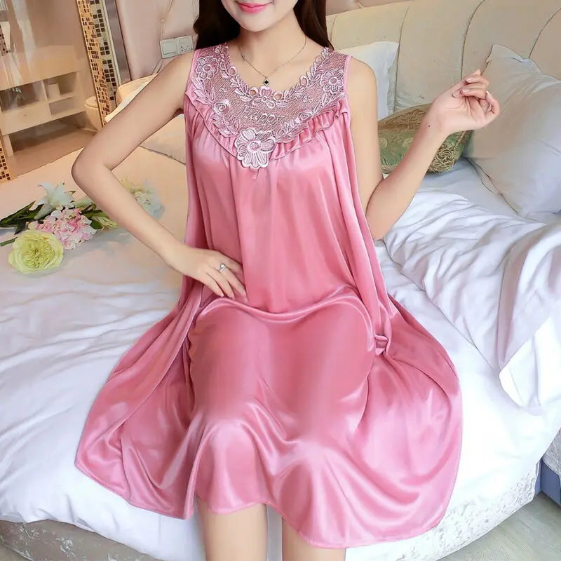 

Ice Silk Satin Nightgowns Women Sleeveless Nightwear Long Lace Plus Size
