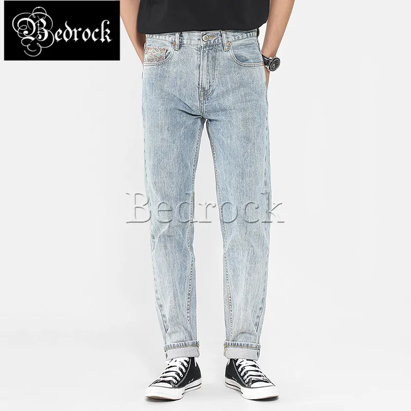 

MBBCAR 13oz Rainbow yarn vintage distressed jeans men snowflake white loose raw denim selvedge jeans slim fit pencil pants 7309