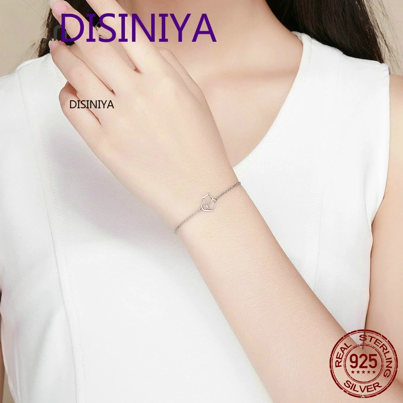 Женский браслет цепочка с котом и сердцем из серебра 100% пробы|Цепочки браслеты| |