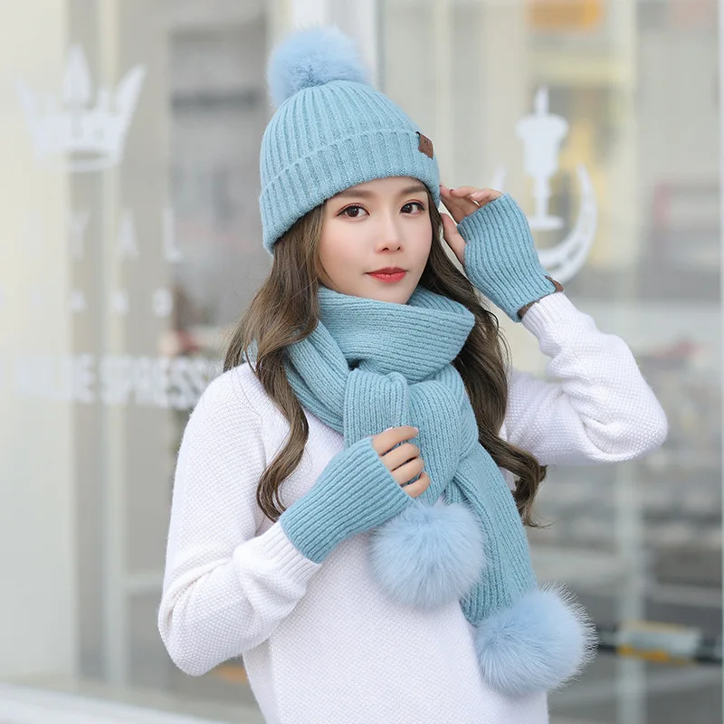 Blue 3pcs Зимняя шапка с кроличьим мехом, перчатки, шарф, наборы, утолщенная плюшевая шерсть, теплая шапка s, женская вязаная шапка, уличная ветрозащитная Ушная Лоскутная широкий берет-Боб - Цвет: Blue 3pcs