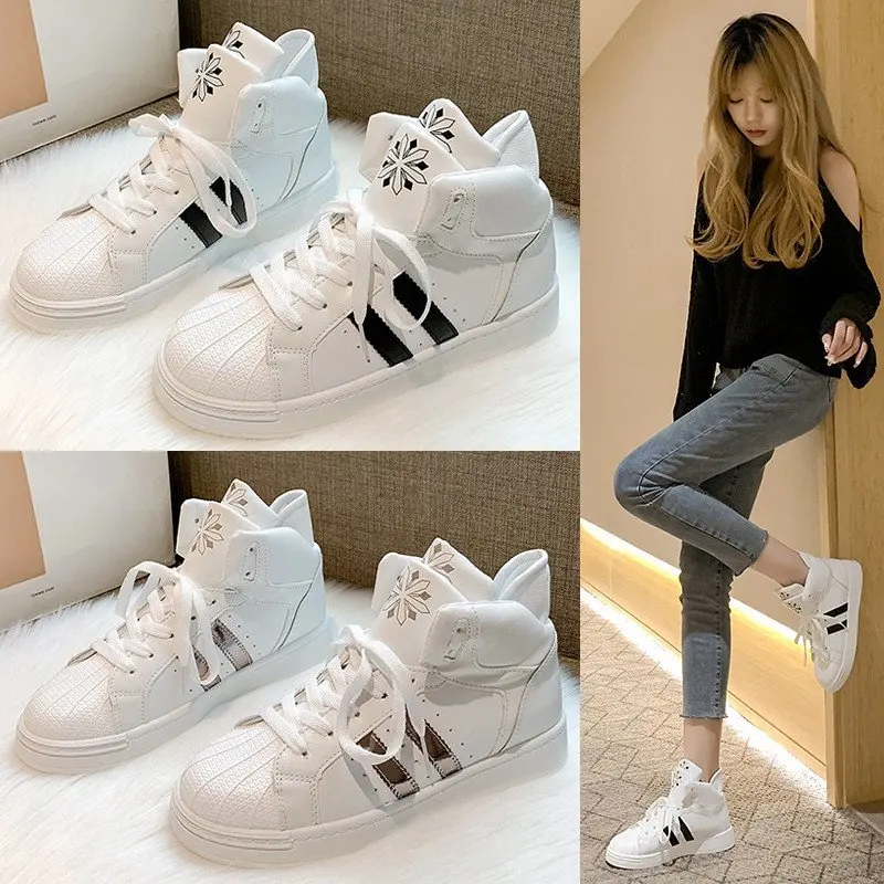 

2021 new fashion lace-up platform women's flat shoes high-top white casual sports shoes rubber chunky comfortable sports women