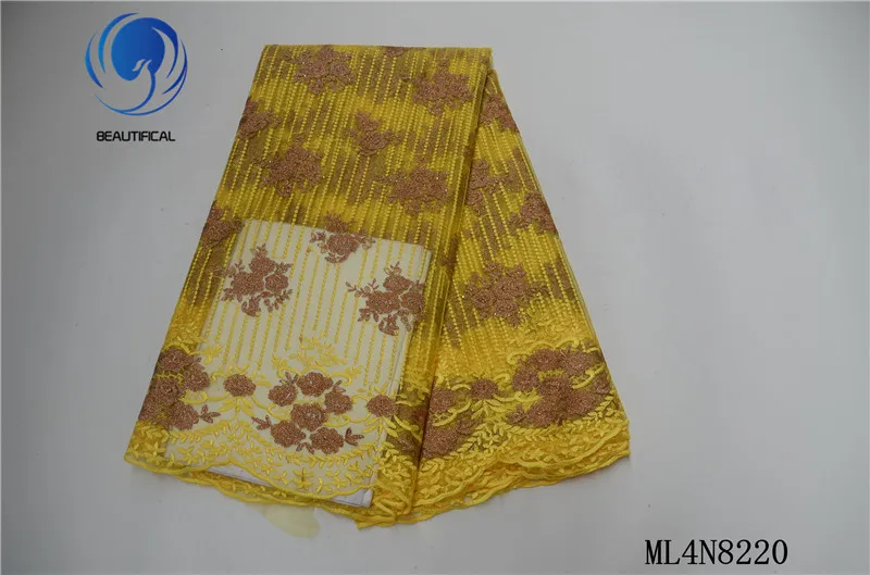 

Beautifical nigerian lace fabrics Hot sale tulle lace embroidery fabric with stoens 5yards french mesh lace fabric ML4N822