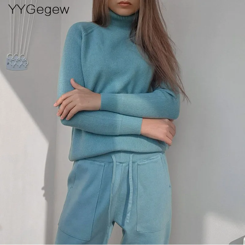 

casual 2 Pieces sweater Set Women Knitted Turtleneck Sweater + loose Trousers CHIC Pullover Sweater+ Knitted Carrot pants Set