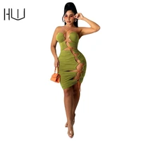 sleeveless backless bodycon dresses for women club party wear beachwear hollow out bandage one shoulder slim outfit drawstring
