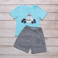 summer clothes blue short sleeve top and black and white plaid shorts black car embroidery pattern boys clothes