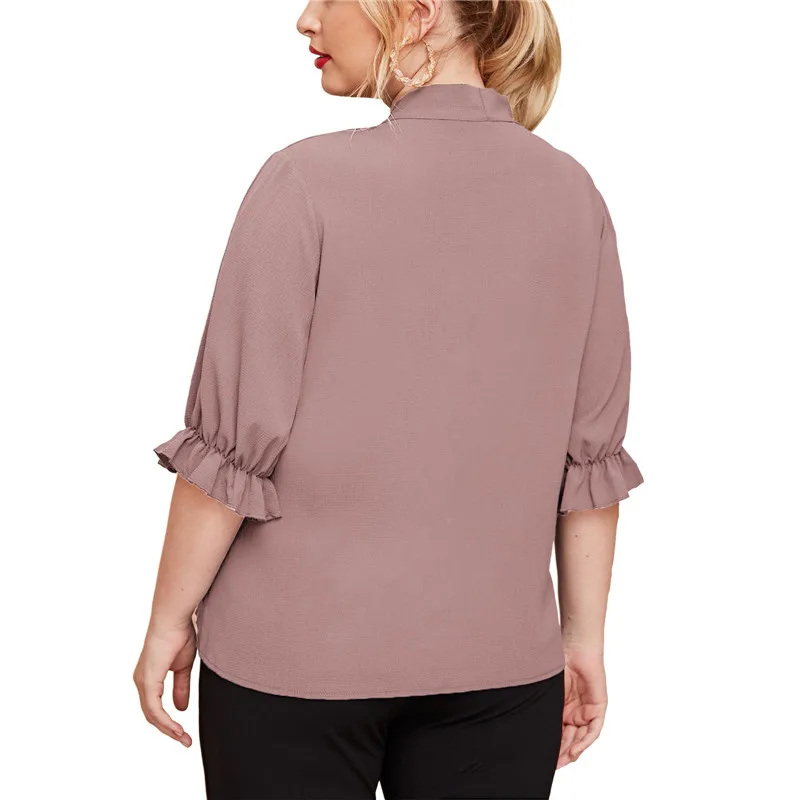 

Plus Size Women's Fashion Solid Half Sleeve Shirt Casual Loose Bowknot Crew Neck Single Breasted Shirt Elegant Office Shirt