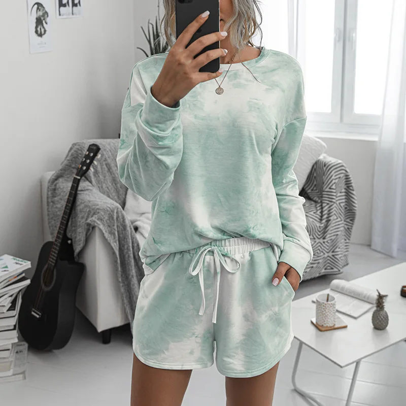 

Casual Home Clothing Suit Summer Two Piece Set Women Rose Print Long Sleeve Top And Lace-up Shorts Matching Sets Fashion SJ6015V