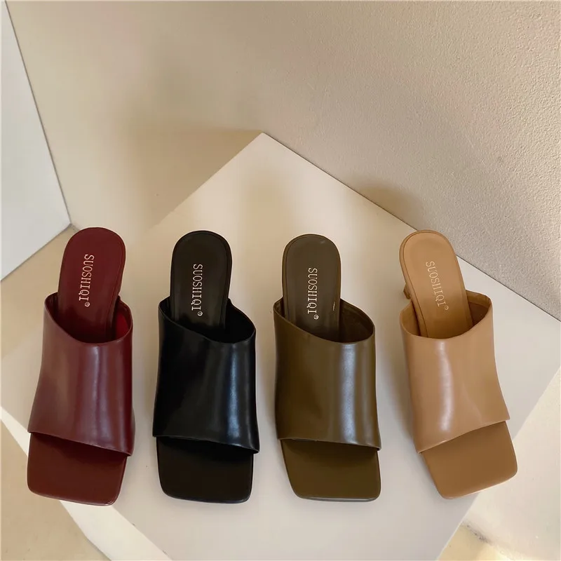 Женские шлепанцы на высоком каблуке 7 см Темно-зеленые туфли без задника Летние