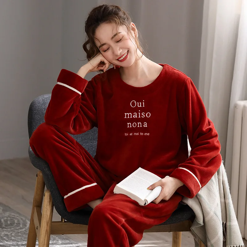 

Pajamas Women'S Autumn Winter Coral Fleece Long-Sleeved Home Wear Flannel Leisure Suits Can Wear Outside Kawaii Nightwear