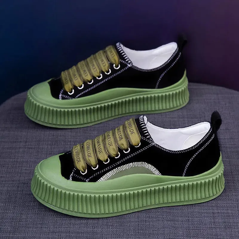 Round Head Lace-Up White Canvas Shoes Retro Non-Slip Green Platform Shoes High Quality Heighten Flat Casual Vulcanize Shoes