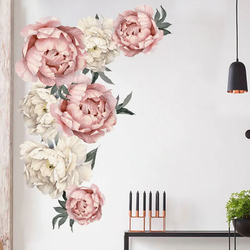 Large Pink Peony Flower Wall Stickers Romantic Flowers Home Decor for Bedroom Living Room DIY Vinyl Decals | Дом и сад