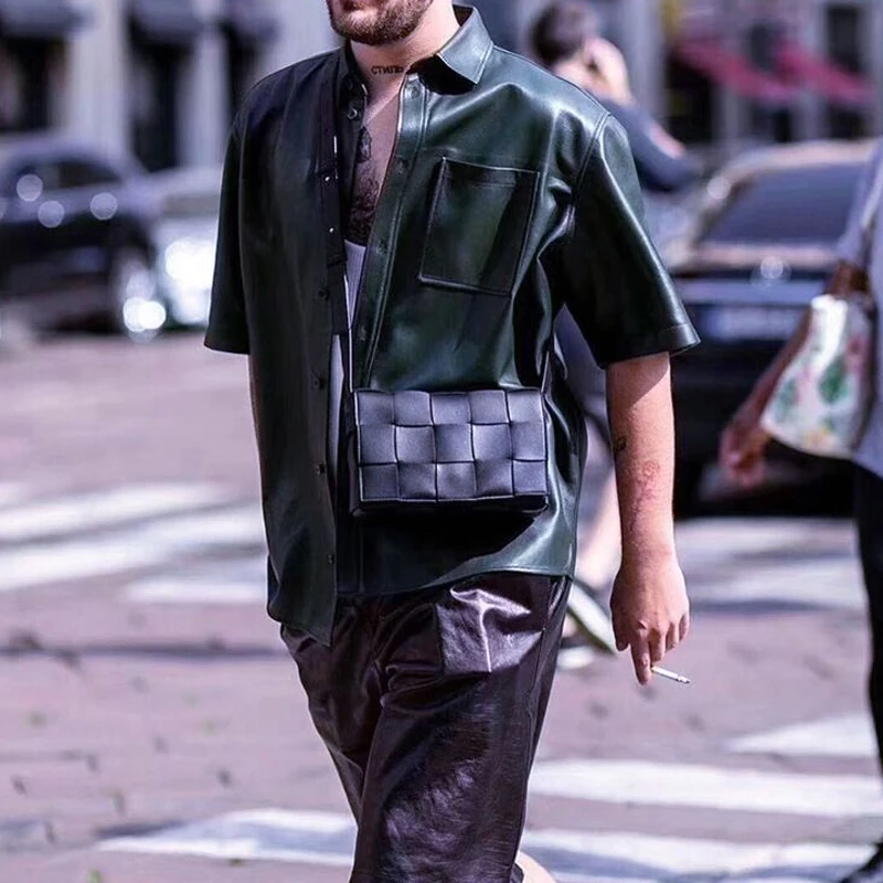 

Leather woven shoulder bag/cross-body bag personality retro small square bag upscale light luxury tofu bag male