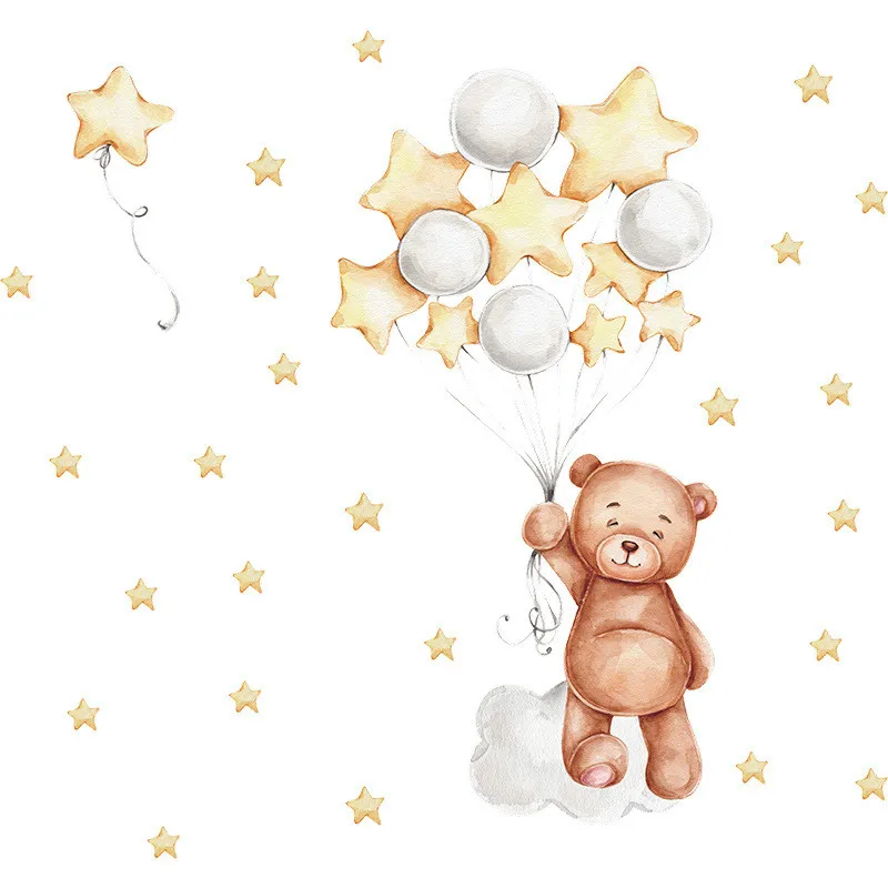 

Balloon Brown Bear Stars Wall Stickers For Children's Room Baby Nursery Room Decorative Sticker Kids Girls Bedroom Mural Decals