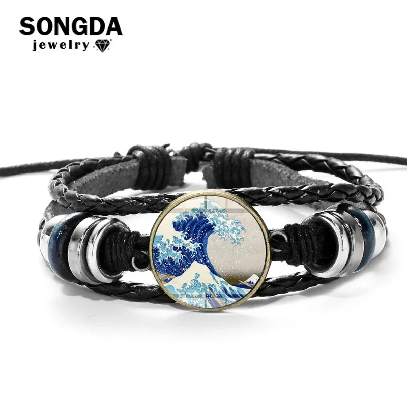 

Blue Sea Wave Leather Bracelet Kanagawa Surfing Katsushika Hokusai Painting Men Women Glass Metal Bead Bracelet & Bangle Gifts