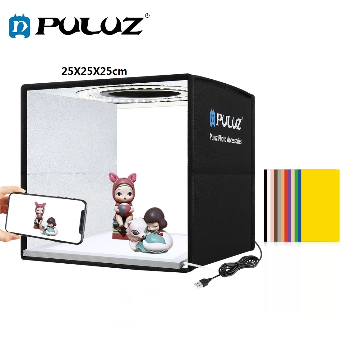 PULUZ 25cm Light box Folding Mini Studio Photo Box Photography Ring Lighting Product Shooting Tent Kits&6 Color Backdrops