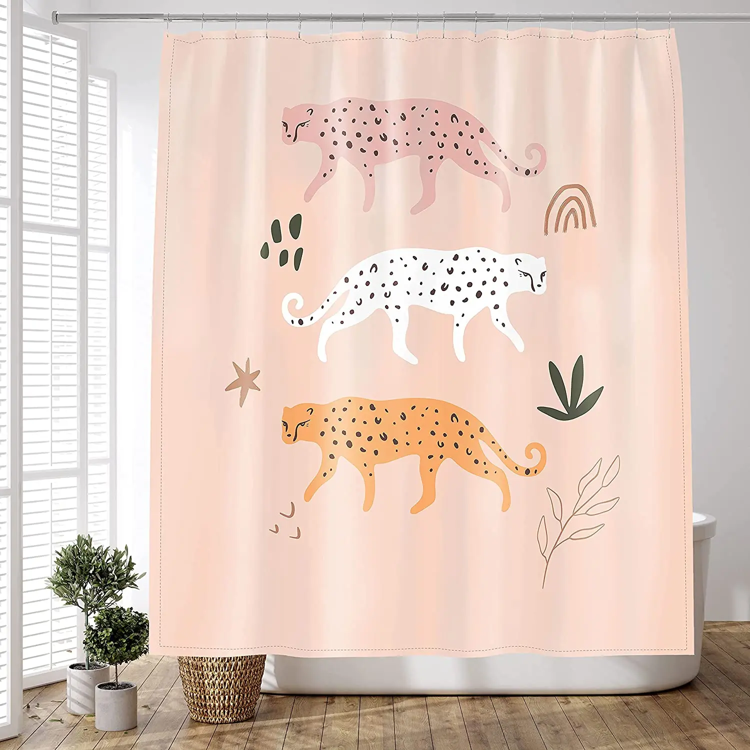 

Леопардовая занавеска для душа, набор розовых современных абстрактных тропических занавесок в ванную комнату, ткань из полиэстера с животн...