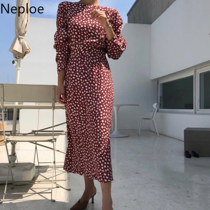 Женское облегающее платье в горошек Neploe корейское с высокой талией и принтом