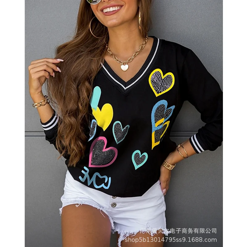 

Женская элегантная рубашка WEPBEL с принтом сердца и бриллиантами, женская сексуальная модная свободная футболка с длинным рукавом и V-образны...