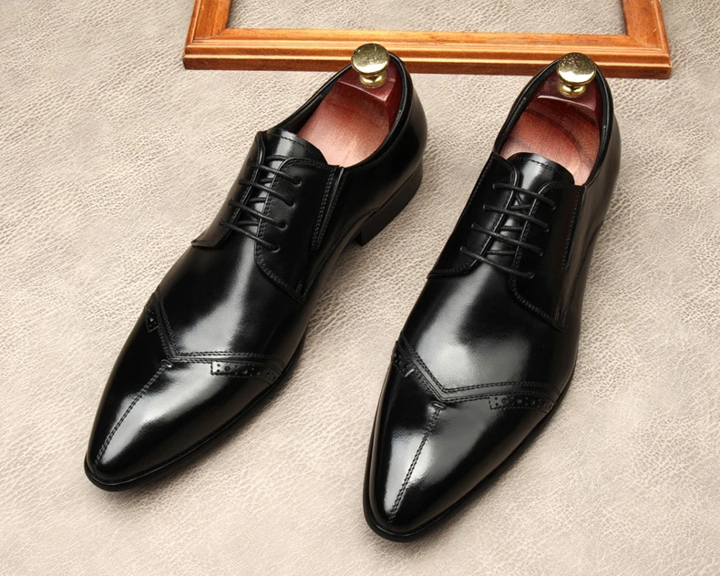 Мужские классические туфли черные оксфорды из натуральной кожи на шнуровке для
