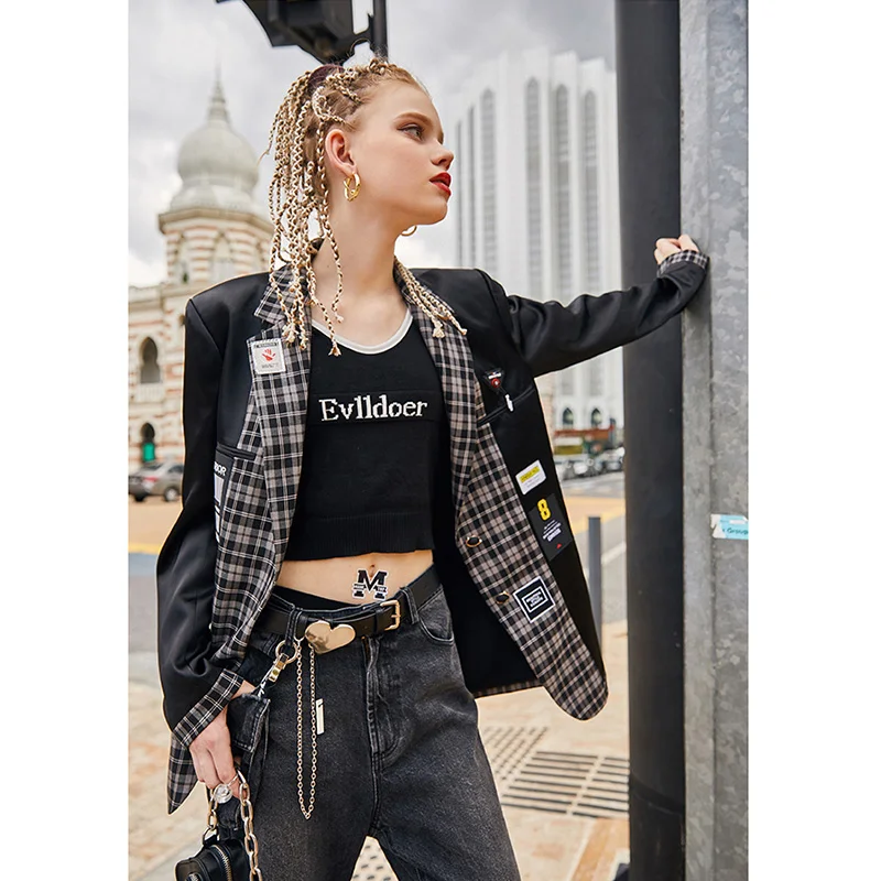 Весна-Осень 2020 клетчатые Куртки модные женские блейзеры с вышивкой | Женская