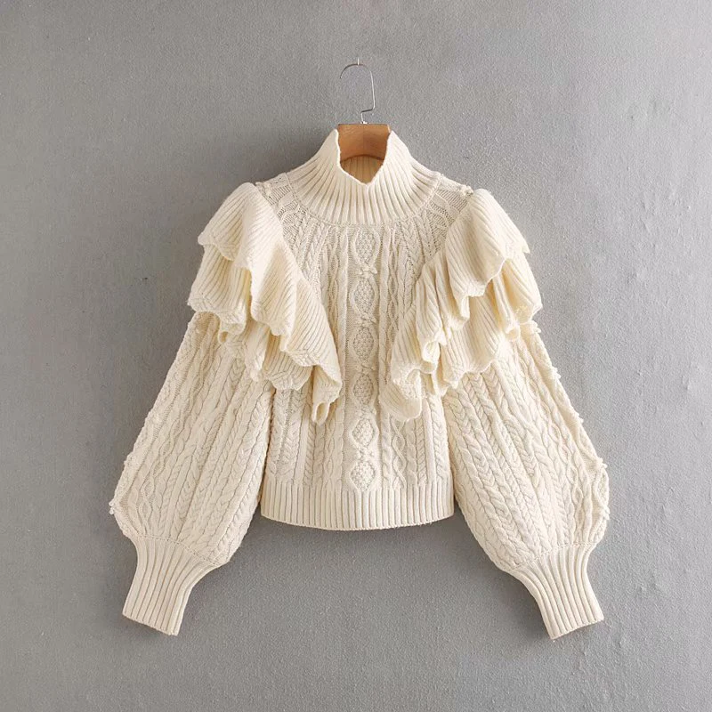 za 2019 Autumn Winter women clothes turtleneck sweater Long Sleeve Ruffle Jumper Knitted slim bow Pullover Femme Chic Sweater | Женская