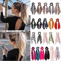 new fashion leopard print bow satin long ribbon ponytail scarf hair scrunchies women girls elastic hair bands hair accessories