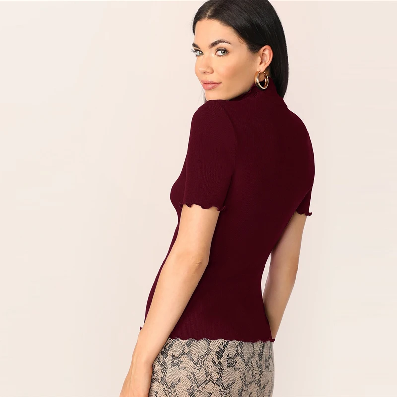 COLROVIE Lettuce Trim Form Fitted Rib-knit T-shirt Women Short Sleeve Casual Tops Female High Neck Elegant T-shirts
