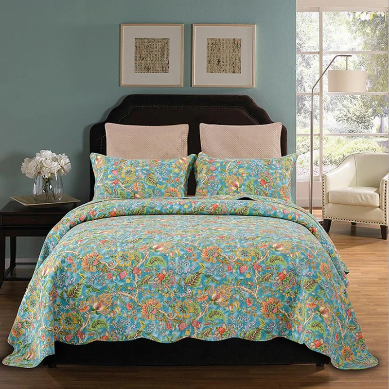 

Vintage Botanical Flower Print Quilted Cotton Bedspread 3Pcs Queen size Antique Shabby Chic Bedding Coverlet set Pillow shams