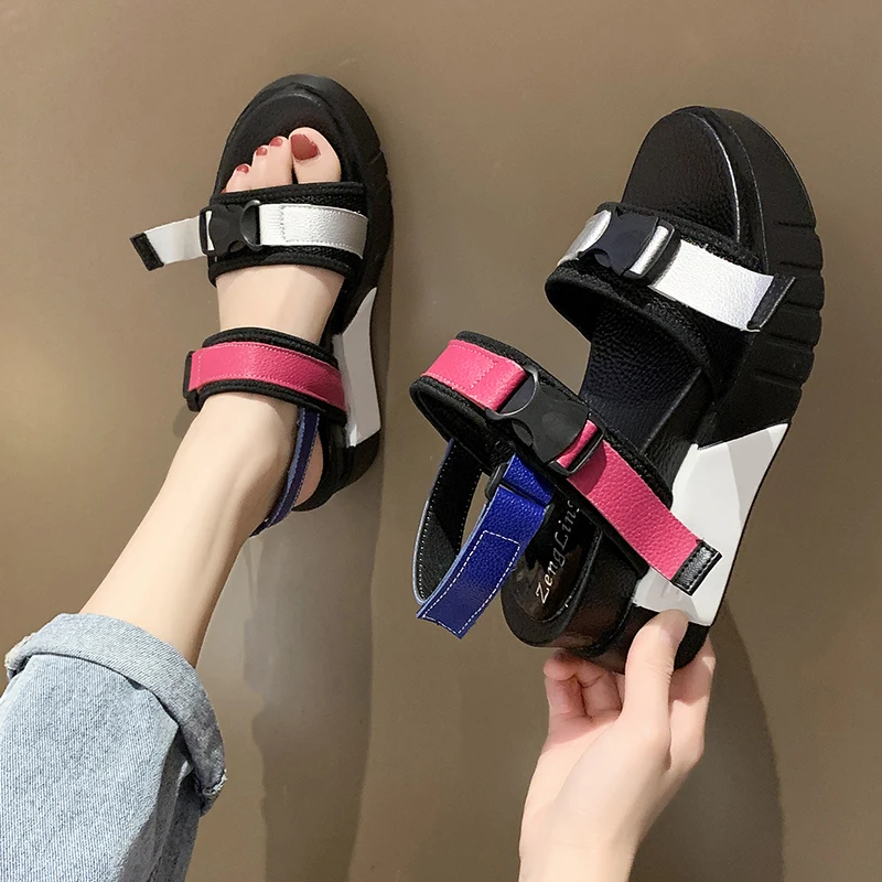 

Dropshipping Summer Women Chunky Platform Sandals Wedge High Heels Shoes Woman Mix Color Buckle Thick Sole Beach Sandalias Mujer