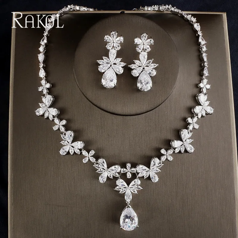 Комплект женских ювелирных украшений RAKOL серьги и ожерелье из кубического