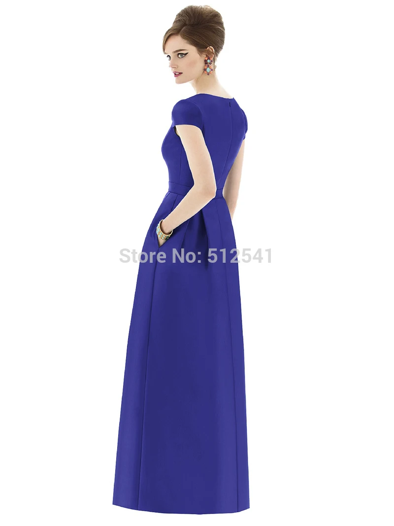 

Short Sleeves robe de soiree Blue Evening Dresses A Line V Neck Zipper Back Ruffle Floor Length Satin 2019 Formal Prom Gowns