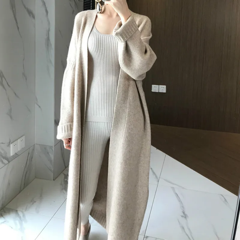 2021 Women Autumn Winter Long Cashmere Knitted Cardigan Sweater Sashes Open Stitch Oatmeal Color Split Hem Crochet Outerwear |
