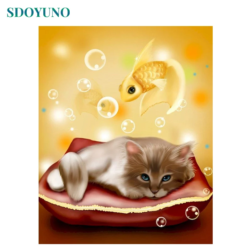 

SDOYUNO DIY Набор для рисования по номерам животные 60x75 см Раскраска по номерам на холсте кошки Безрамная Цифровая ручная живопись