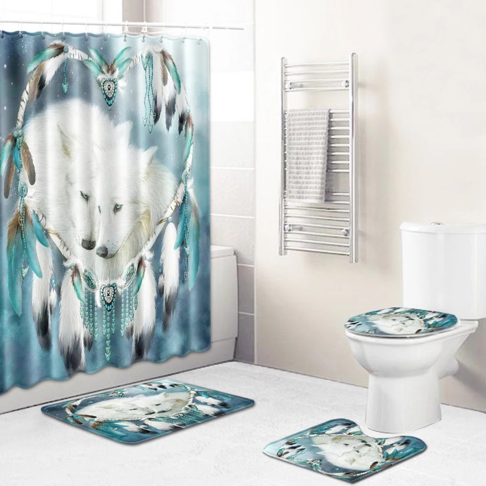 

4pcs Decorative Anti Slip Hooks Hanging Home Bathroom Wolf Printed Modern Hotel Floor Mat With Rugs Polyester Shower Curtain Set